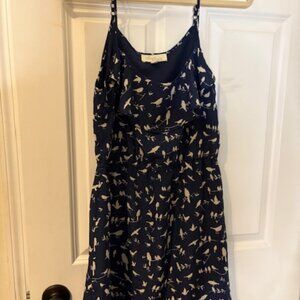 Navy Spaghetti-Strap Dress with Bird Print